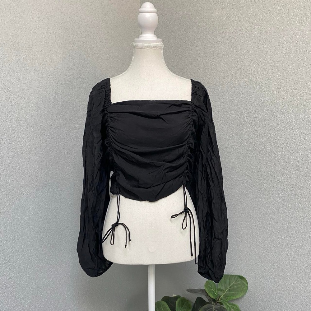 BLACK RUCHED SQUARE NECK BLOUSE LONG SLEEVE SMOCKED ADJUSTABLE TIE DETAIL
